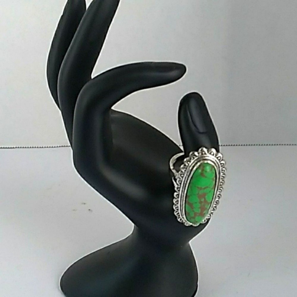 Vintage Style Green Turquoise Statement Ring Sterling Silver Oval Bohemian Jewel